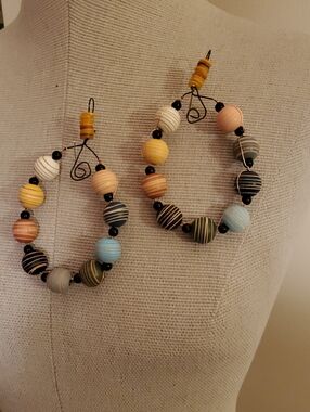 Handmade Multicolor Striped Bead Hoop Earrings - Women Jewelry